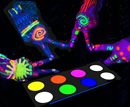 [Water Activated] UV Glow In The Dark Face Paint and Body Painting Set Neon Blacklight Reactive Fluorescent Palette Kit Glows Under Black Light Kids safe Non-toxic Perfect for Party Disco Makeup