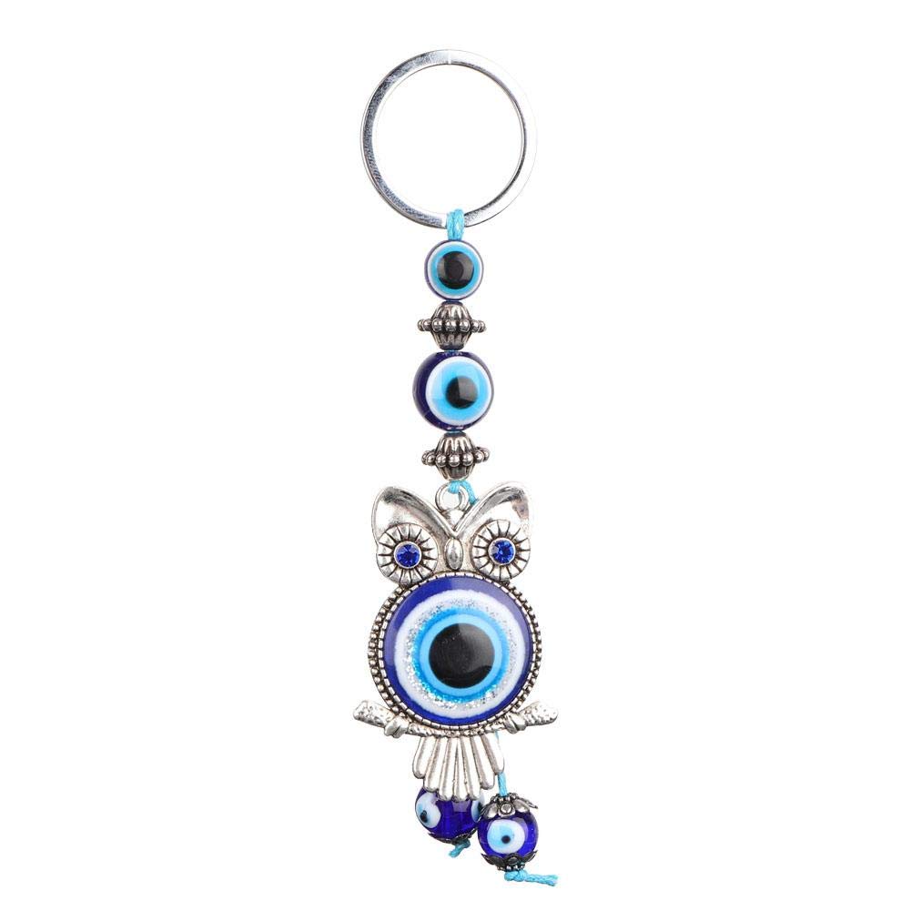 Evil Eye Keychain, 4.3in Owl Blue Turkish Glass Amulet Charm Pendant for Man Woman Purse Handbag Decoration Gift