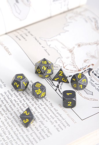 Forged Dice Co. Metal Iron Silver with Yellow Numbers Set of 7 Polyhedral Dice with Dragon Logo Tin Case Compatible with RPG games like Dungeons and Dragons, DnD, and Pathfinder