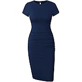 Missufe Women's Short Sleeve Ruched Casual Sundress Midi Bodycon T Shirt Dress