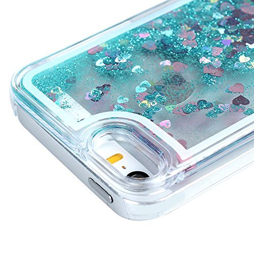 iPhone SE/ 5S/ 5 Case MAXFE.CO Clear Flexible Phone Cover Shiny Glitter Heart Shape Floating Liquid Tiffany Blue Slim Fit Protective Shockproof Anti Scratch Case + Rhinestone Dust Plug + Touch Pen