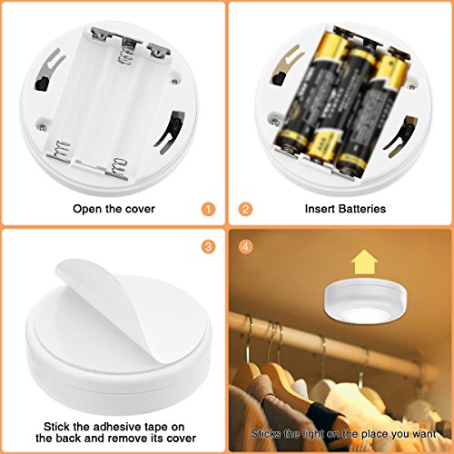 Closet Light, Elfeland LED Puck Lights Remote Control Under Cabinet Lighting with Timer Function, Battery Powered, Brightness Adjustable, for Hallway Bedroom Stair (6 Pack, 4000K, Warm White)