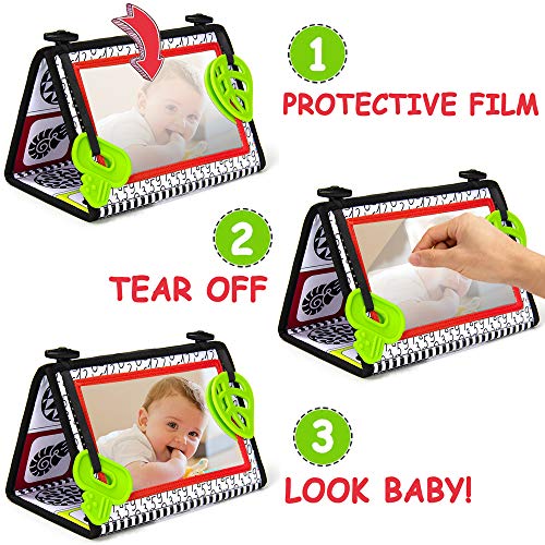 teytoy Tummy Time Baby Mirror Toys with Teethers, Double Black and White High Contrast Baby Toys 0-6 Months, Foldable Floor Sensory Development Toys for Infants Newborn