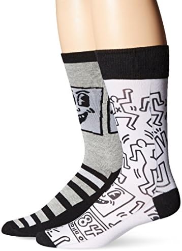 Keith Haring Men's Black and White Mural 2-Pack Crew Socks