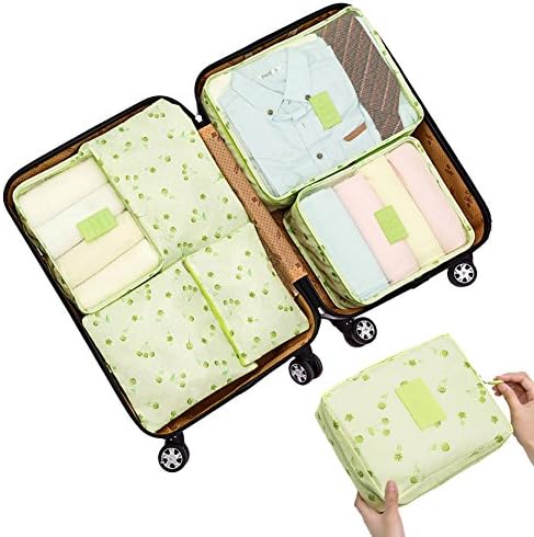 7 Set Packing Cubes Luggage Organizers Clothes Storage- 3 Mesh Bags+ 3 Pouches+ 1 Toiletry Bag- Round Dot Pattern (Green Cherry)