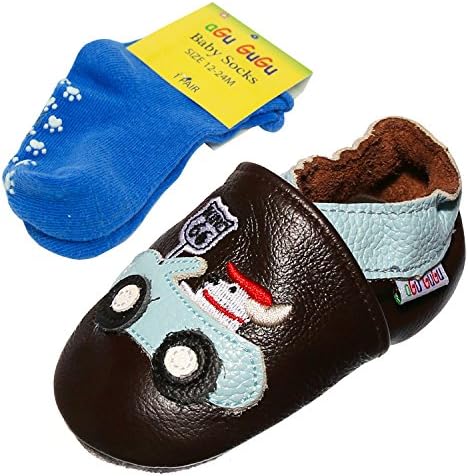 Car Soft Sole 100% Real Leather Baby Boy, Infant,Toddler Pre walker Shoes with Matching Anti-Slip Socks (6-12 months, Car D)