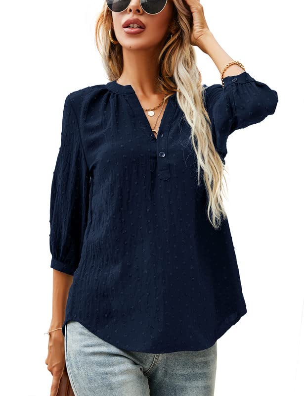 LOMON Cute Swiss Dot Henley V Neck Shirts for Women Casual Button Up Shirt 3/4 Sleeve Work Blouse Navy Blue, XXL at Amazon