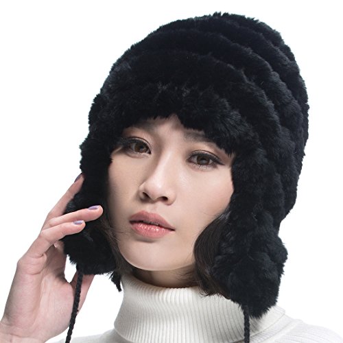 URSFUR Women Rex Rabbit Fur Knit Peruvian Beanie Hat Unisex Warm Earfalp Ski Cap (Black)