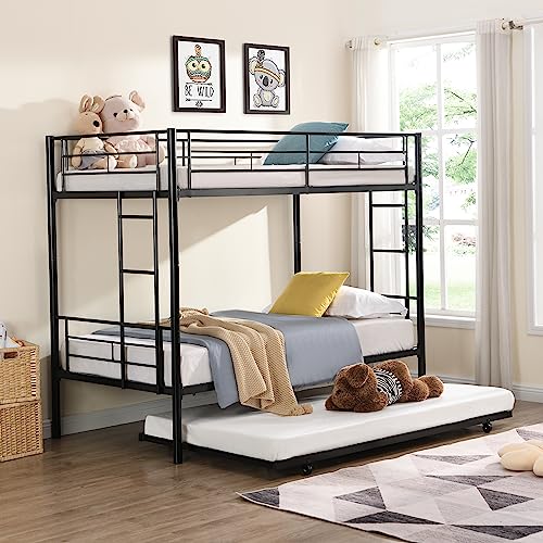EMKK Twin Over Twin Bunk Bed with Trundle,Metal Triple Bunk Beds w/Two Side  Ladders Safety Guard Rail,3 in