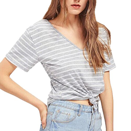 Click Here to See More Images NREALY Womens Backless V-Neck Back Cross Stripe Printing Short Sleeve V-Neck T-Shirt Tops