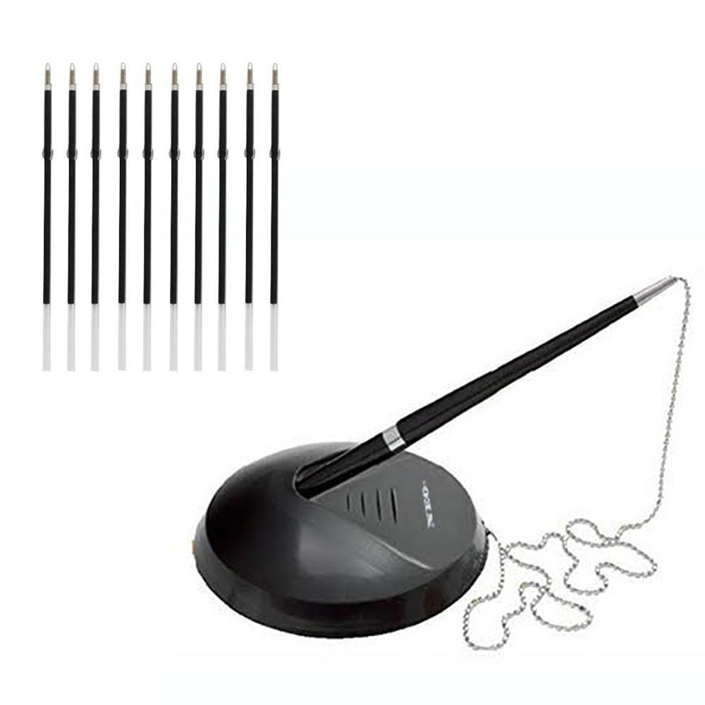 NEO+ Quality Reception Pen Desk Set On Chain With Stand - Black Counter Pen, 10 FREE REFILLS INCLUDED (1 PEN + 10 REFILLS)