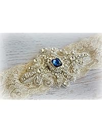 Ivory Sapphire Blue Wedding Bridal Lace Garter Set Keepsake Toss Tradition Vintage