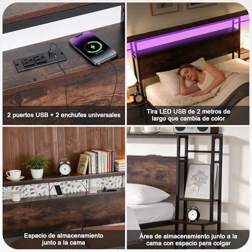 CNHVEIF Base de Cama con Cabecera y Luces RGB, Base Cama con Estación de Carga USB Incorporada y Espacio de Almacenamiento, Cama Metálica con Mesilla de Noche, Fácil Montaje