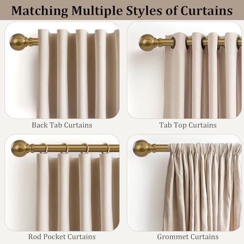Warm Gold Curtain Rods for Windows 72-144 Inch Brass Extra Long Heavy Duty | Adjustable single 1" Diameter with vintage Brushed Bronze Metal Finials Antique for Living Room Bedroom Farmhouse Kitchen