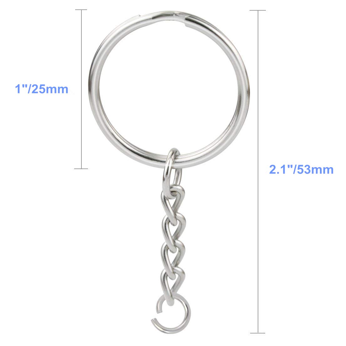 150 Pcs NANSSY 1 Inch/25mm Split Keyrings with Chain Silver Keychain Ring, Key Chains Rings Parts with Open Jump Ring and Connector.