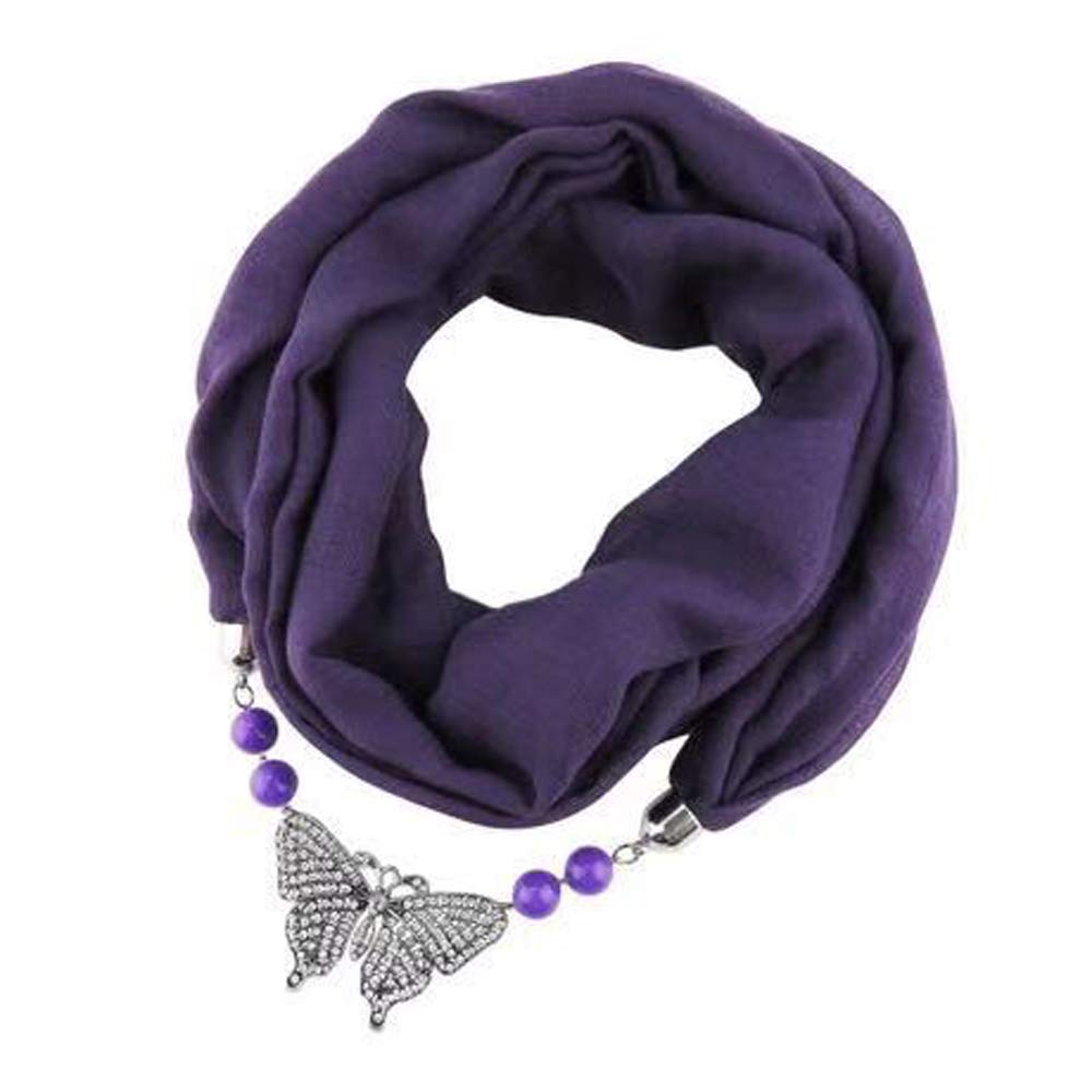 Micoop Women's Scarves Multi-purpose Butterfly Pendant Scarf Necklace Stylish Infinity Scarf with Jewelry Accessory for Chic ladies (Purple scarf with butterfly)