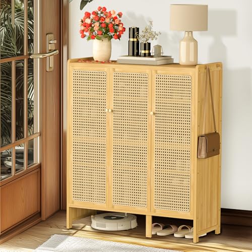 Bamboo Shoe Cabinet with Rattan Doors, 5-Tier Entryway Shoe Shelf Organizer, Storage Cabinet with Hooks Shoe Chest for Hallway Living Room Bedroom 90.5x35x107cm