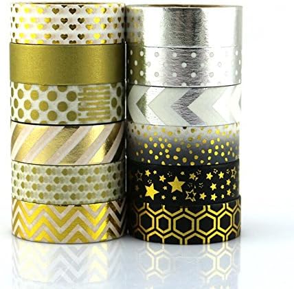 Bright Colorful Washi Masking Tape Collection (Set of 12 Rolls) Cool and Vibraaant Decorative, Stars, Dots, Stripes, Solid Designs, Silver, Golden, and Black Japanese Paper Tape