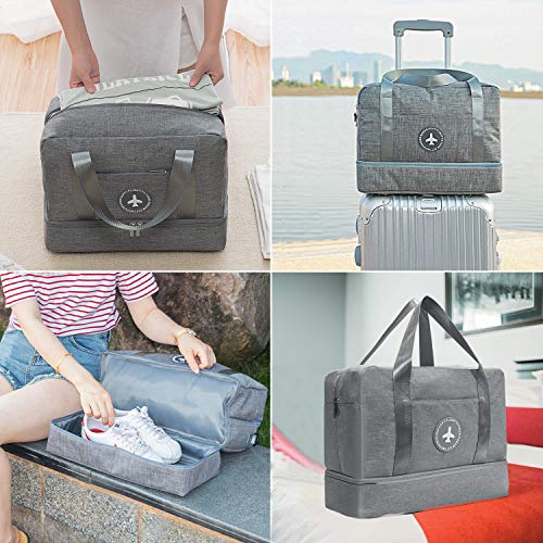 DTNO.I Sports Gym Bag, Packable Travel Duffel Bag with Wet Pocket & Shoes Compartment, Lightweight Travel Luggage Bag Gym Duffle Bag for Men and Women(Grey)