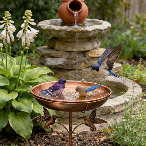 Beafaeur Bird Drinker, Hanging Bird Bath, Bird Bath Outdoor Water Trough (ø 30 cm), with 5 Legs Anti-Tip Base and Chain, Freestanding Bird Baths for Garden Balcony