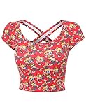 RubyK Womens Fitted Short Sleeve Floral Print Crop Top with Stretch