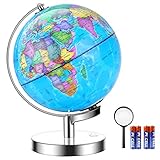 IKONG 8 inch Illuminated Globe of The World with Stand-Educational Globe Built in LED Light for Night View, Office Desktop World Globe,Magnifying Glass and 4 AA Batteries Included