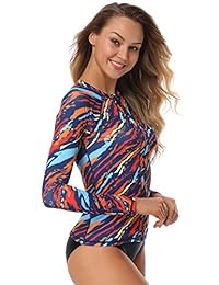 Bañador de manga larga para dama con protección solar UPF 50+ y cremallera frontal, estampado