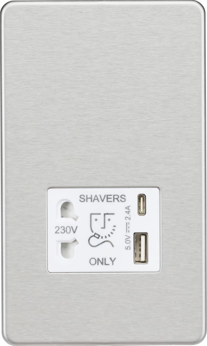 Knightsbridge Screwless Shaver socket with dual USB A+C (5V DC 2.4A shared) - brushed chrome with white insert — image 1