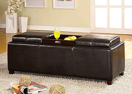 Ebson Contemporary 52.25 inch Wide Tray Top Storage Ottoman in Espresso Leather PU