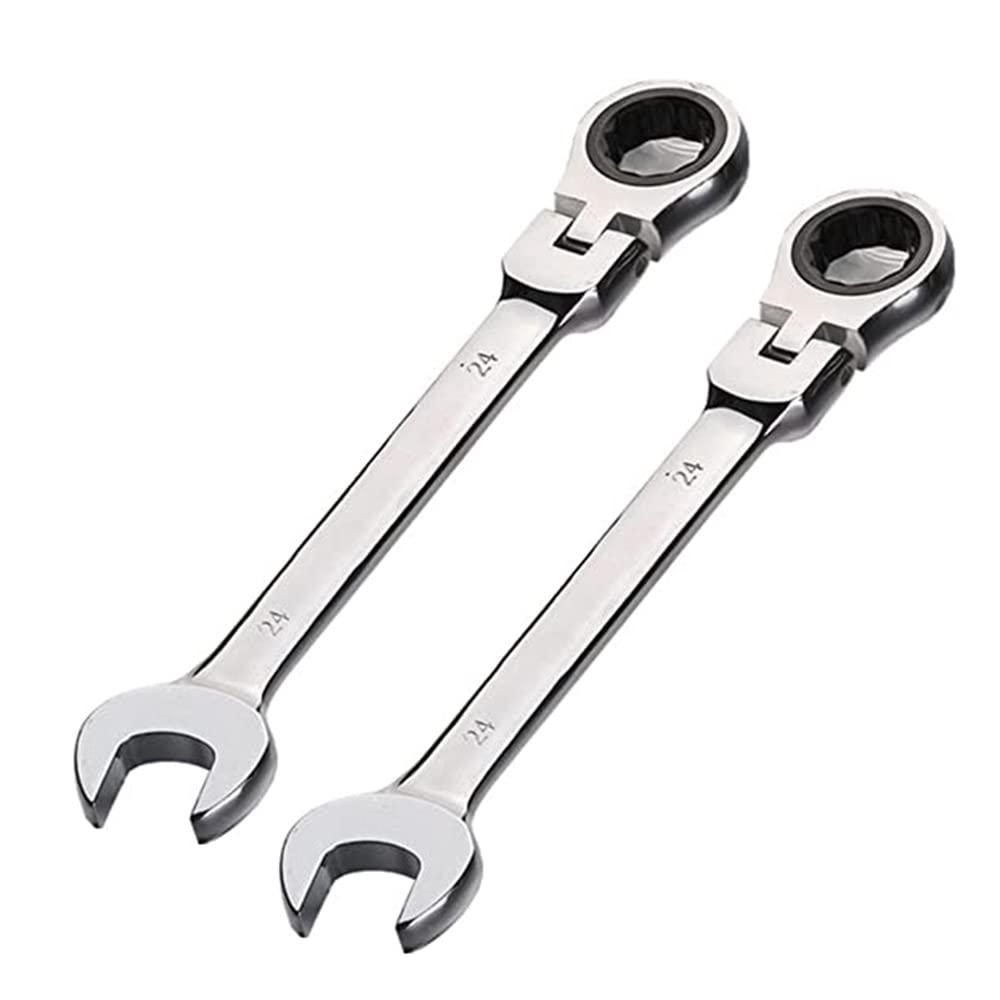 Aoktorkit 2Pcs Metric Tool Flex-Head Ratcheting Wrench Set 24MM,Professional Chrome Vanadium Ratchet Spanner Set Steel 72 Teeth 12 Point for DIY,Pipeline,Bicycle Repair and Home Maintance
