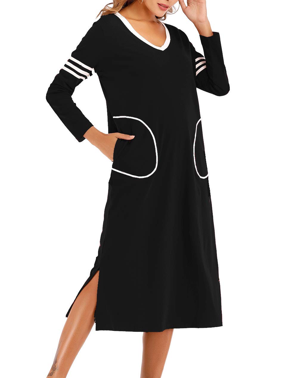 AOVXO Long Nightgown Womens V Neck Long Sleeve Nightshirt Ultra-Soft Cotton Fabric Split Hem Design with 2 Side Deep Pockets (Black, 2XL)