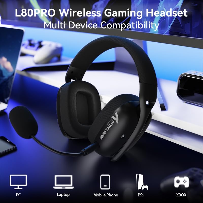MAMBASNAKE Attack Shark L80PRO Ultralight 7.1 Surround Sound Wireless Gaming Headset with Dual Foldable Microphone, Tri-Mode (Wired 2.4GHz/BT/3.5mm), 40mm Speaker for PC/Mac/PS/Xbox, Black