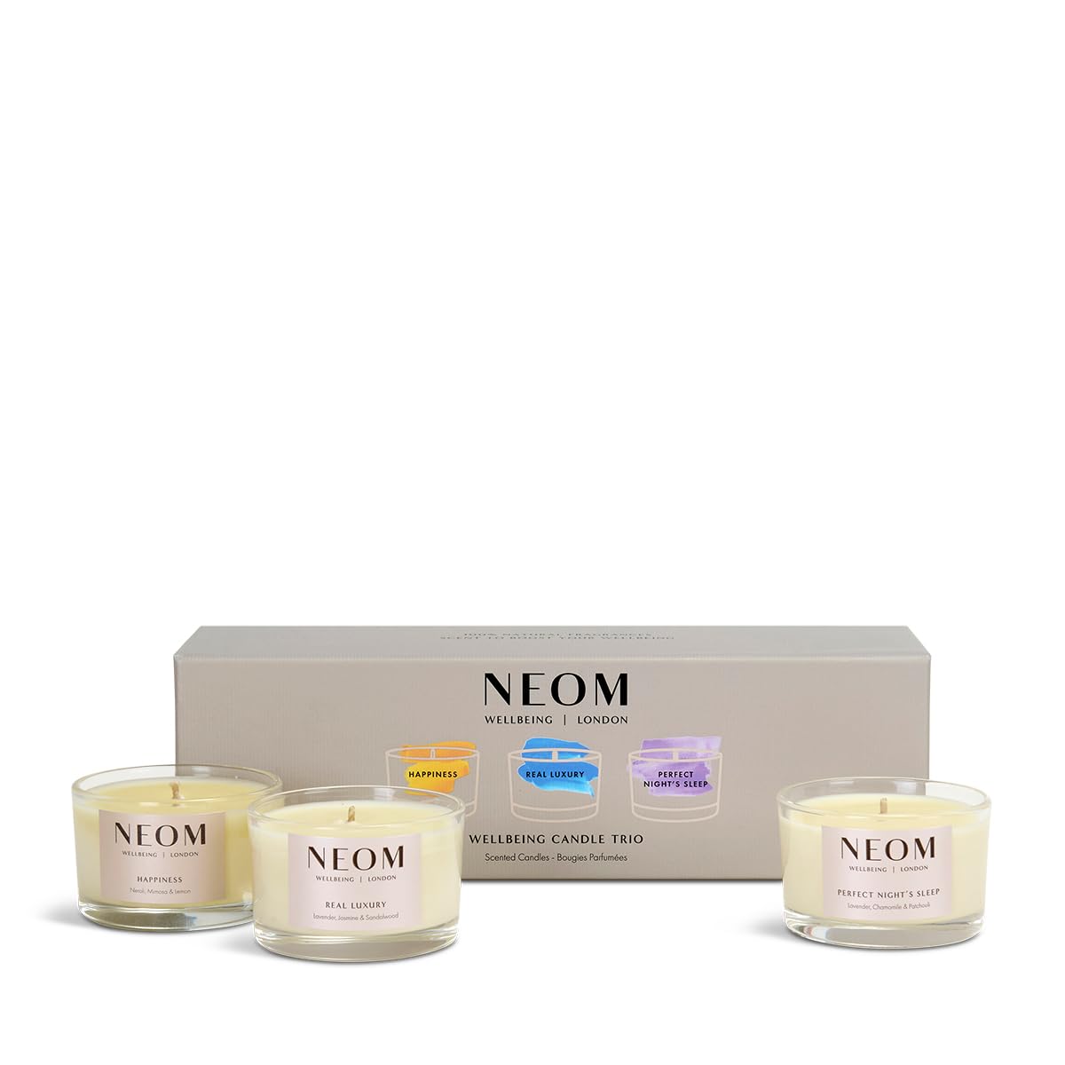 NEOM- Wellbeing Candle Trio Gift Set | Perfect Night's Sleep, Real Luxury & Happiness Travel Candle | Essential Oil Blend