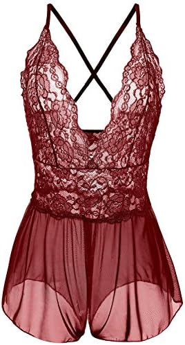 Nukawa Womens Open Crotch Sexy Lingerie Lace Mesh Crotchless panty Babydoll for Sex (XXX-Large, Red)