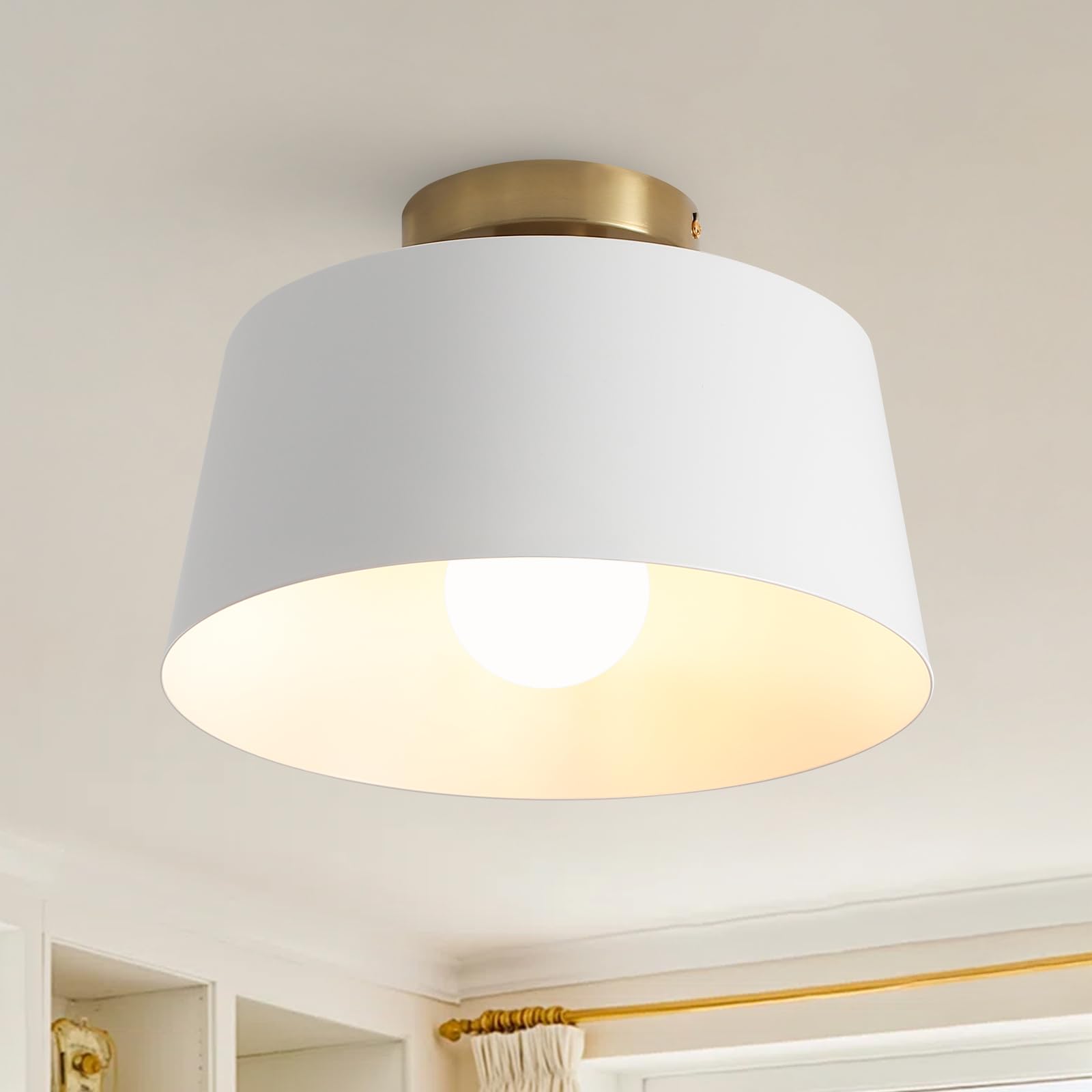 Photo 1 of OFLNLL Metal Semi Flush Mount Ceiling Light, 11.6" White and Gold Industrial Flush Mount, Single Lamp Base Modern Ceiling Light Fixtures for Entryway Hallway Kitchen Laundry Room