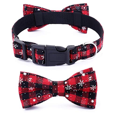Malier Christmas Dog Collar and Bow tie with Classic Snowflake Pattern, Adorable Collar with Light Release Buckle Pet Accessories for Puppy Dogs Cats Pets - S