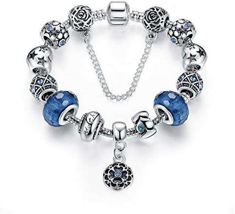 Handmade Blue Glass Bead Star Silver Plated Snake Chain Charm Bracelet for Women 18cm
