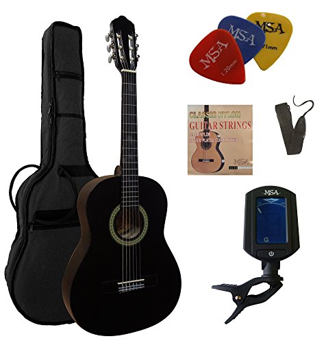 34-GITARRE-KONZERTGITARRE-IM-SET-CLASSIC-SCHWARZ-DECKE-LINDENHOLZ-TASCHE-BAND-SAITEN-3xPIK-STIMMGERT-ET33B-C5