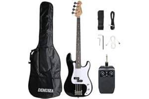 DEMUSEA Full size 4strings electric bass guitar kit package black color with 5W portable plug and play amplifier travel amp set with strap gig bag bundle for beginner starter practice (BKPB-30)