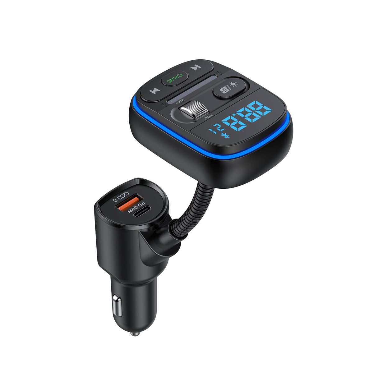 POFET Wireless In-Car Bluetooth FM Transmitter Radio Adapter Car Kit with Bass and 7 Colour Light QC3.0 PD 30W Quick Charge for All Smartphones Audio Players