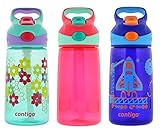Contigo 14oz Autospout Striker Kids Water Bottle, Ultramarine Lillies, Washed Red & Sapphire Blast-off (3 Pack)