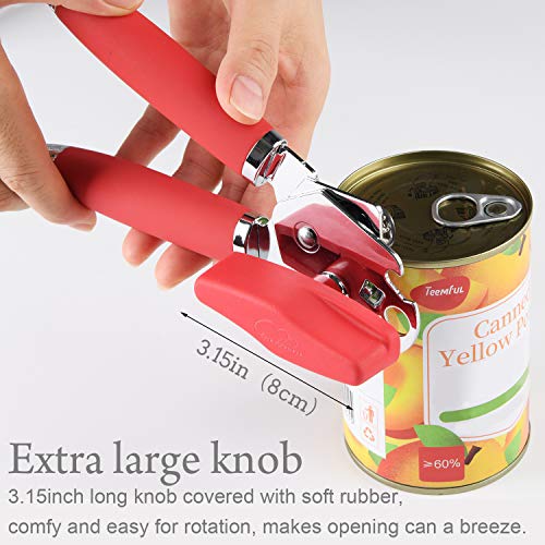 Can Opener, 3-In-1 Can Opener Hand Held Stainless Steel Can Opener Manual Smooth Edge Tin Opener Built in Bottle Opener Professional Ergonomic Anti Slip Handles Large Turn Knob Heavy Duty Sharp(Red)