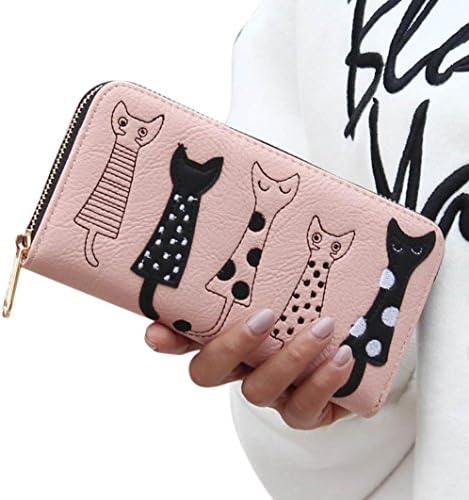 Ammazona Women Cat Printed Clutch Zipper Wallet Long Card Holder Purse Handbag (Pink)