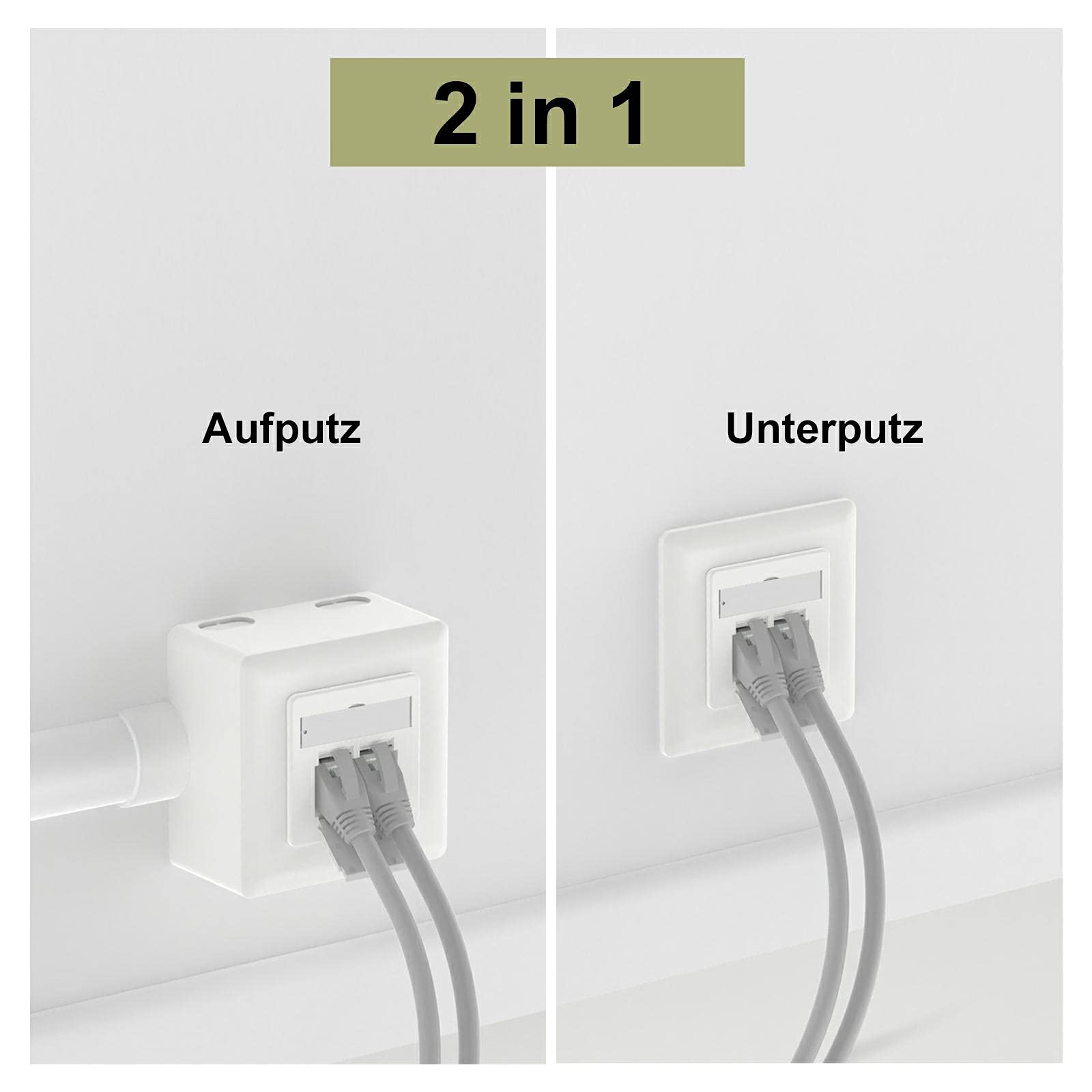VCELINK Netzwerkdose CAT6A, 10 Gigabit 2 x RJ45 Port LAN Dose für Aufputz oder Unterputz, Geschirmt RJ45 Aufputzdose 500 MHz, POE, CAT6 CAT5, EIA/TIA T568A&B, Weiß, 1 Stück 4