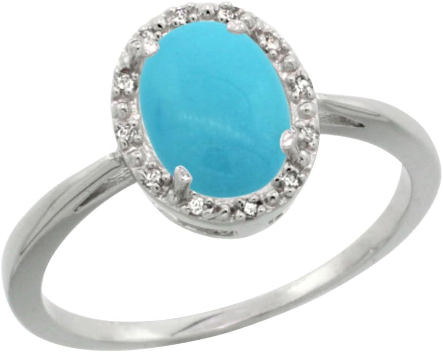 Silver City Jewelry 10K White Gold Natural Sleeping Beauty Turquoise Diamond Halo Ring Oval 8X6mm, Sizes 5-10
