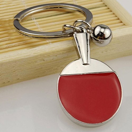 Pingpong Bat Ball Table Tennis Racket Keychain Car Key Chain Decor Ring Gift - Silver + Red
