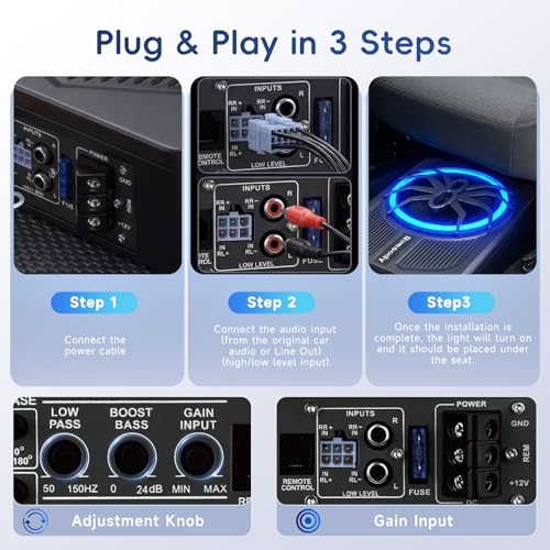 Rimoody Car Subwoofer, 10 Inch, 1000W Max, 400W RMS, Low Profile, Phase Control, 0-180°, Bass Boost 0-18dB, Under Seat Installation with LED Mood Lighting Blue