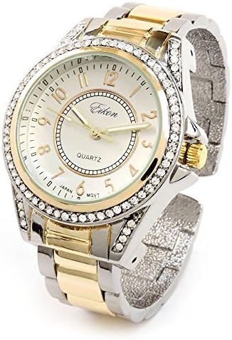 FTW2Tone Metal Band Crystal Bezel Large Face Women's Bangle Cuff Watch