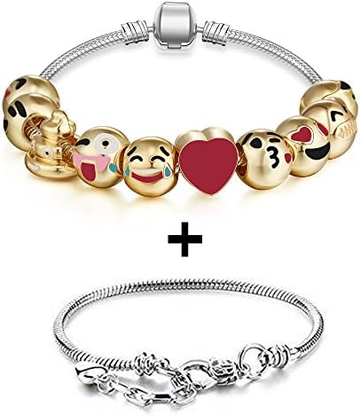 Emoji Charms Bracelet 18K Gold Plated Include 10 Pieces of Interchangeable Emoji Beads Enamel