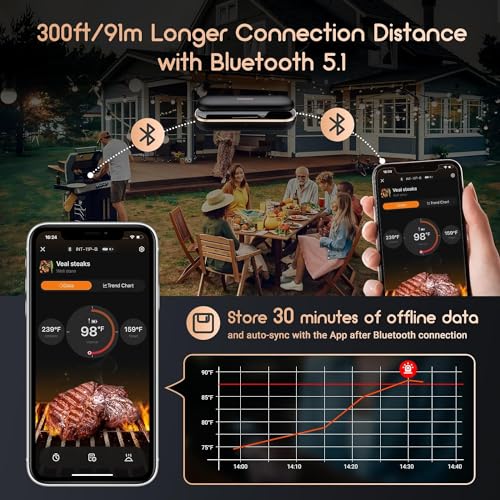 INKBIRD Wireless Meat Thermometer INT-11P-B, Bluetooth BBQ Cooking Thermometer with IP67 Waterproof Dual Sensors Probe, 91m Range, Fast Charging, Highly Accurate, Perfect for Grilling, Smoking, Oven